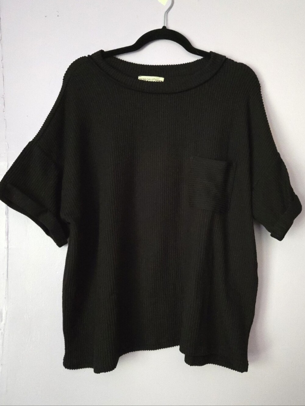 Zenana L/XL Black Ribbed Short Sleeve Back-Seam Knit Top